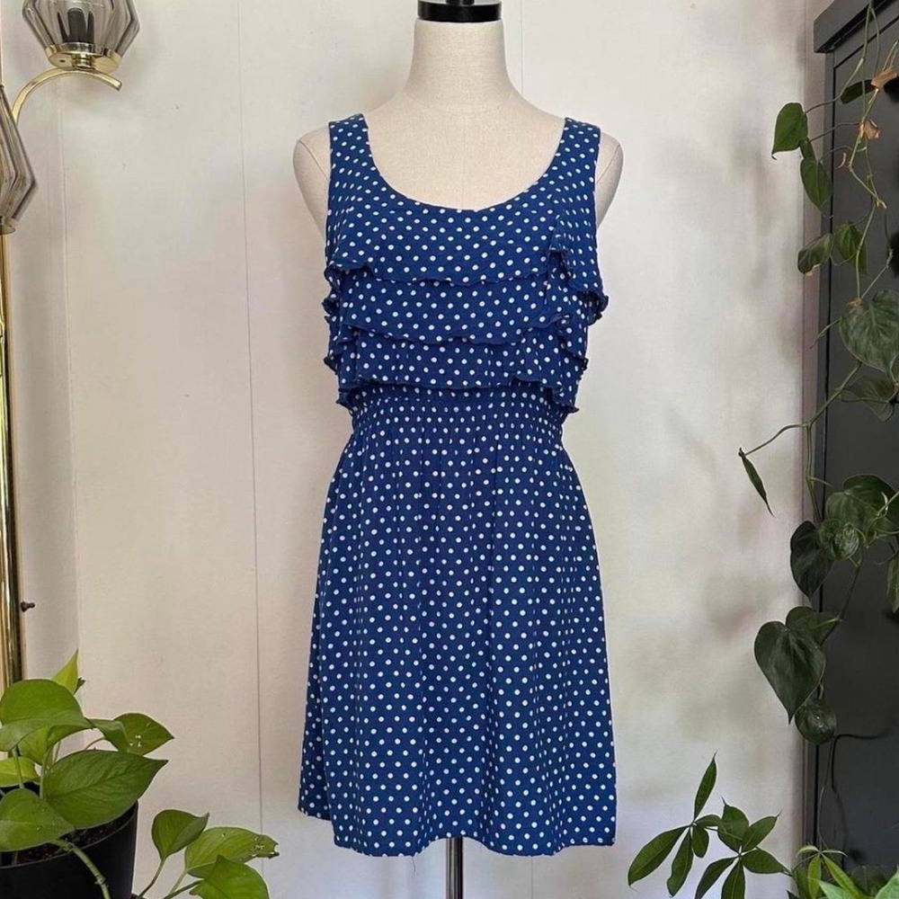Xhilaration Royal Blue White Polka Dot Ruffle Mini Dress Large Womens Summer